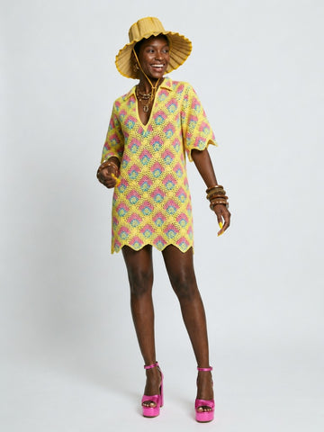 Vibrant Crochet Plaid Mini Dress