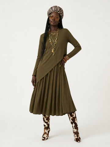 Grounded Pleated Irregular Midi Dress