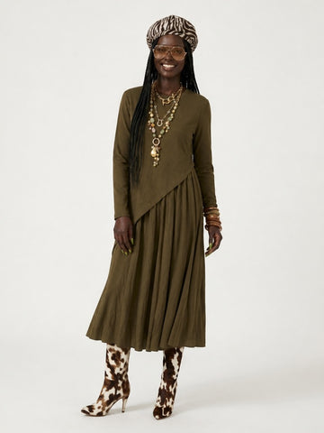 Grounded Pleated Irregular Midi Dress