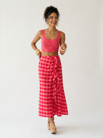 Vibrant Plaid Ruffled Midi Skirt