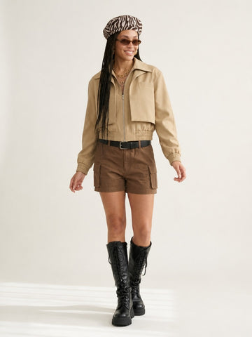 Confident Khaki Cropped Bomber Jacket