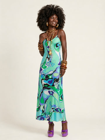 Vibrant Printed Satin Midi Dress