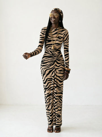Fierce Zebra Ruched Maxi Dress