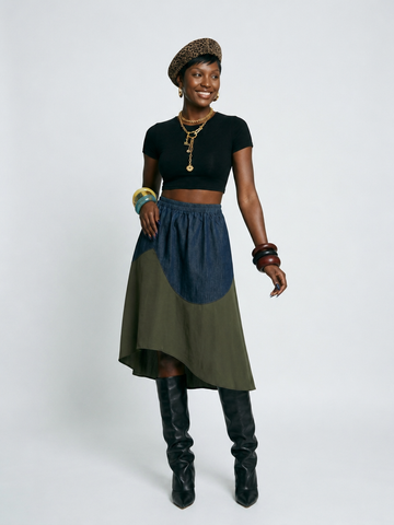 Grounded Color-Block Denim Skirt
