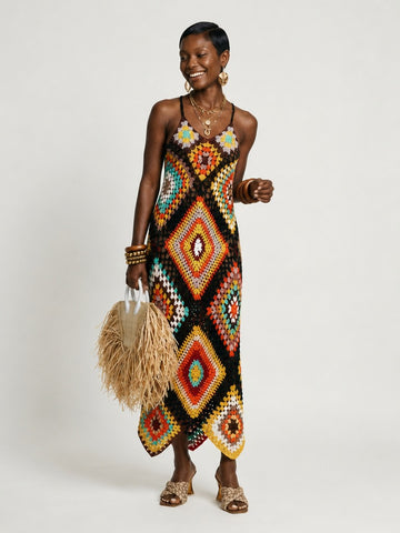 Vibrant Crochet Geometric Maxi Dress