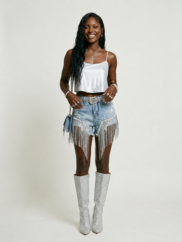 Radiant Beaded Tassel Denim Shorts