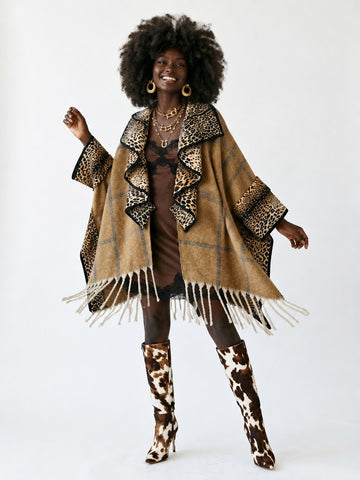Fierce Leopard Tassel Knit Poncho