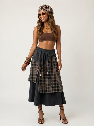 Grounded Plaid Patchwork Maxi Skirt