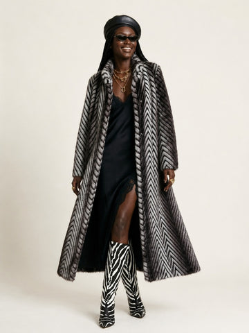 Elegant Faux Fur Striped Maxi Coat