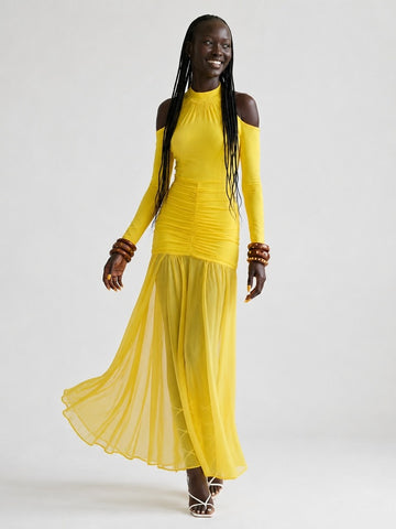 Radiant Ruched Mesh Maxi Dress