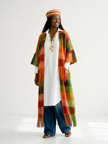 Vibrant Plaid Tassel Long Coat