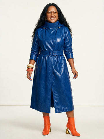 Vibrant Faux Leather Hooded Trench Coat