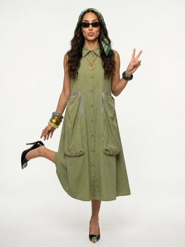 Confident Sleeveless Pocketed Shirt Dress