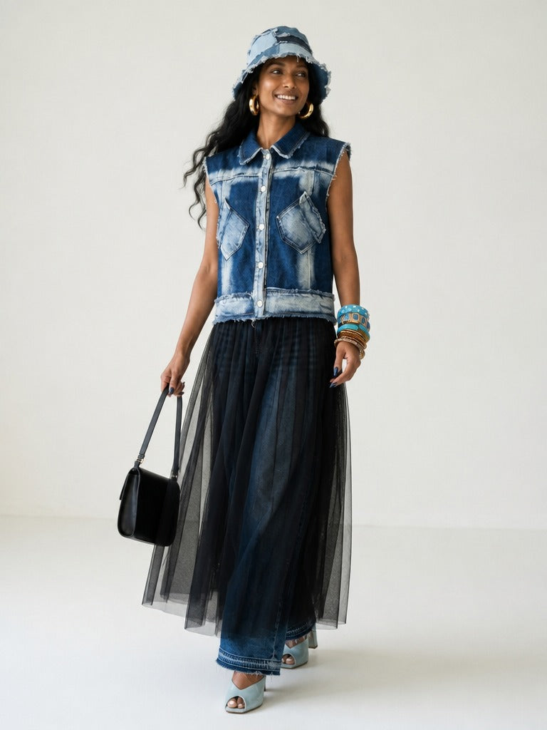 Daring Denim Mesh Blouse