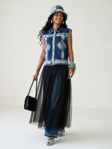 Daring Denim Mesh Blouse