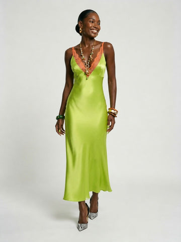 Radiant Satin Lace Trim Maxi Dress