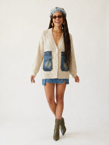 Unique Knit Denim Patchwork Cardigan