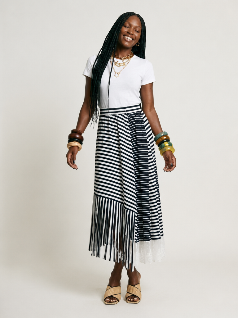 Untamed Striped Tassel Midi Skirt