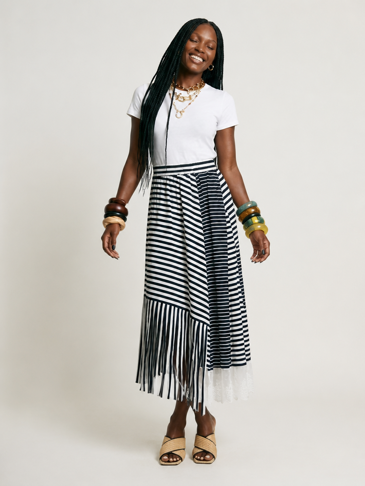 Untamed Striped Tassel Midi Skirt