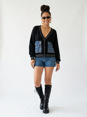 Distinctive Denim Patchwork Knit Cardigan