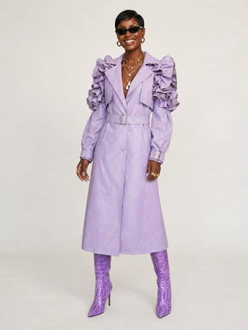 Audacious Ruffled Faux Leather Trench Coat