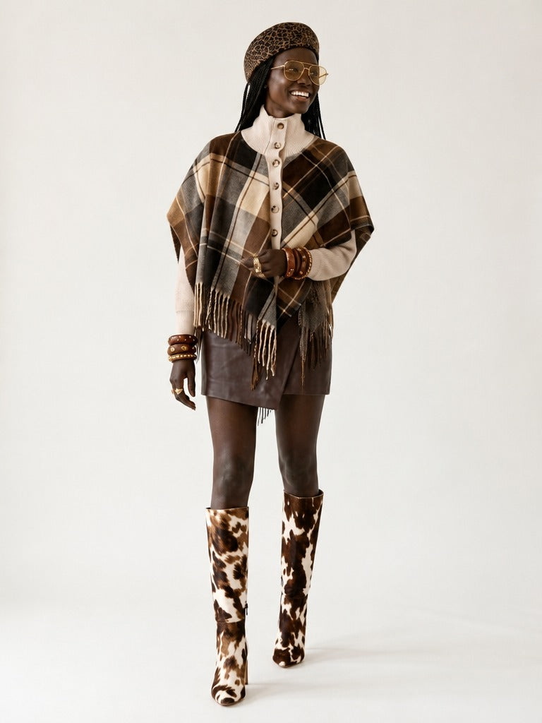 Grounded Plaid Fringe Knit Cardigan