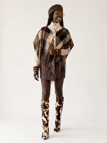 Grounded Plaid Fringe Knit Cardigan