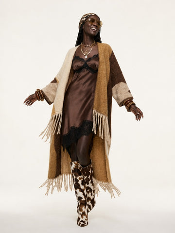 Grounded Geometric Tassel Knit Coat