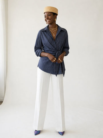 Confident Striped Tie-Waist Blouse