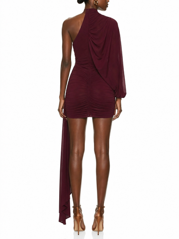 Burgundy Ruched Tassel Mini Dress