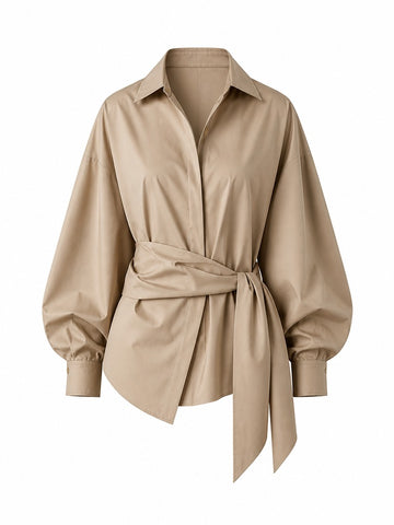 Elegant Oversized Tie-Belt Blouse