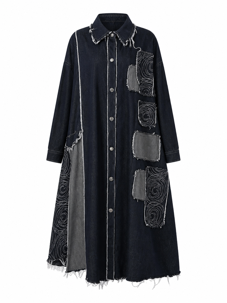 Unique Fringed Patchwork Denim Trench