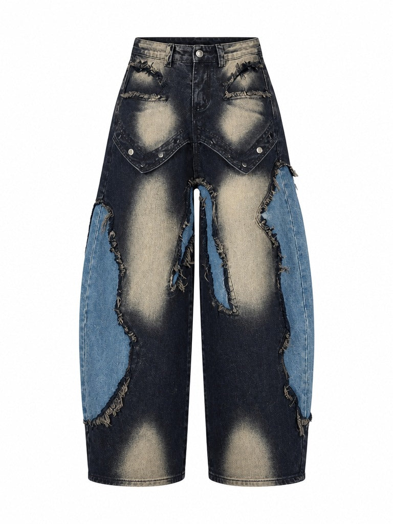 Audacious Patchwork Distressed Wide Jeans