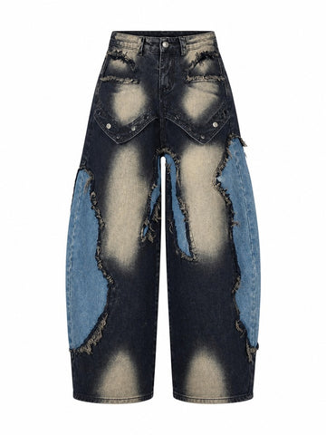 Audacious Patchwork Distressed Wide Jeans