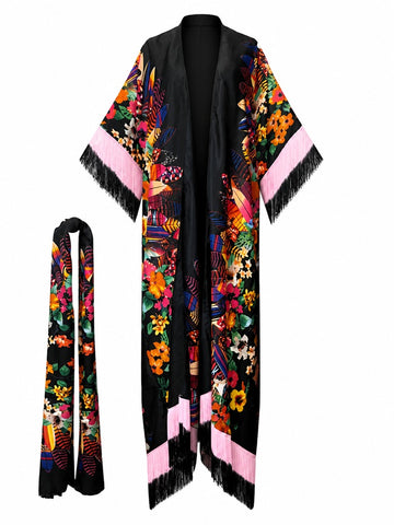 Vibrant Printed Tassel Kimono