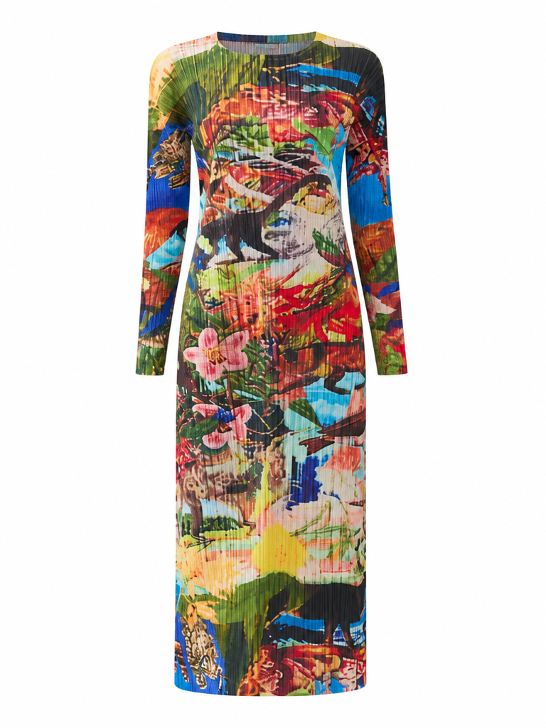 Vibrant Pleated Printed Maxi Dress
