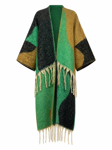 Grounded Geometric Tassel Knit Coat