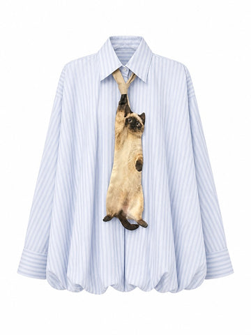 Unique Cat Tie Striped Blouse