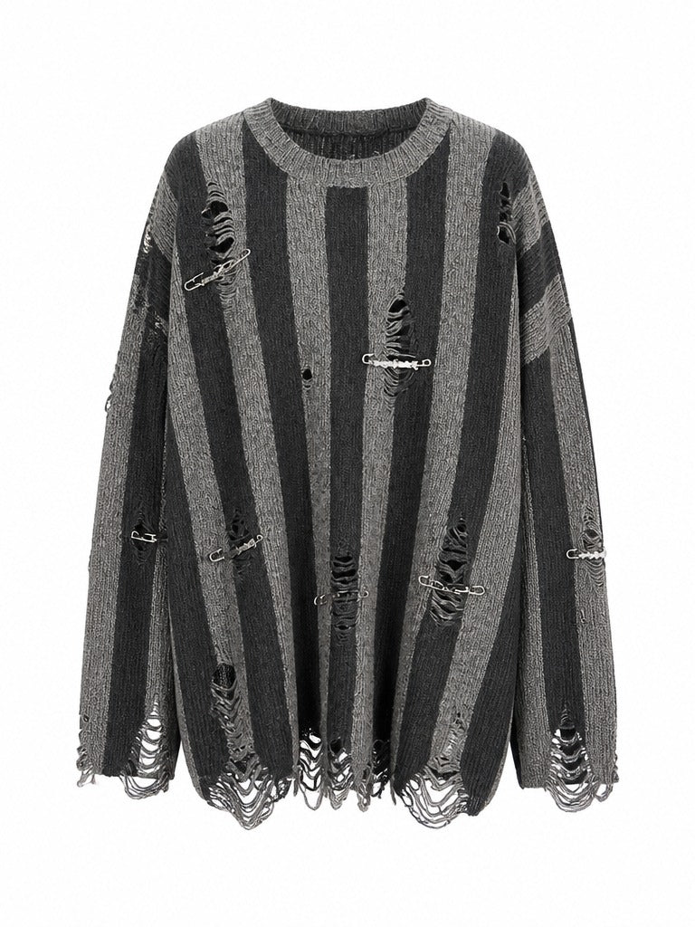 Audacious Striped Distressed Knit Sweater