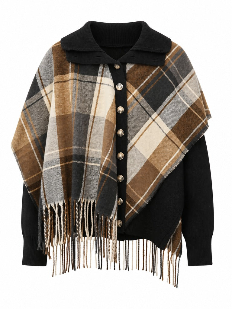 Grounded Plaid Fringe Knit Cardigan
