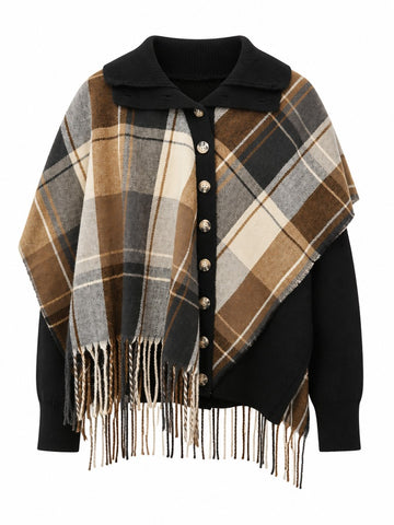 Grounded Plaid Fringe Knit Cardigan