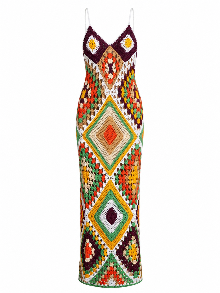 Vibrant Crochet Patchwork Maxi Dress