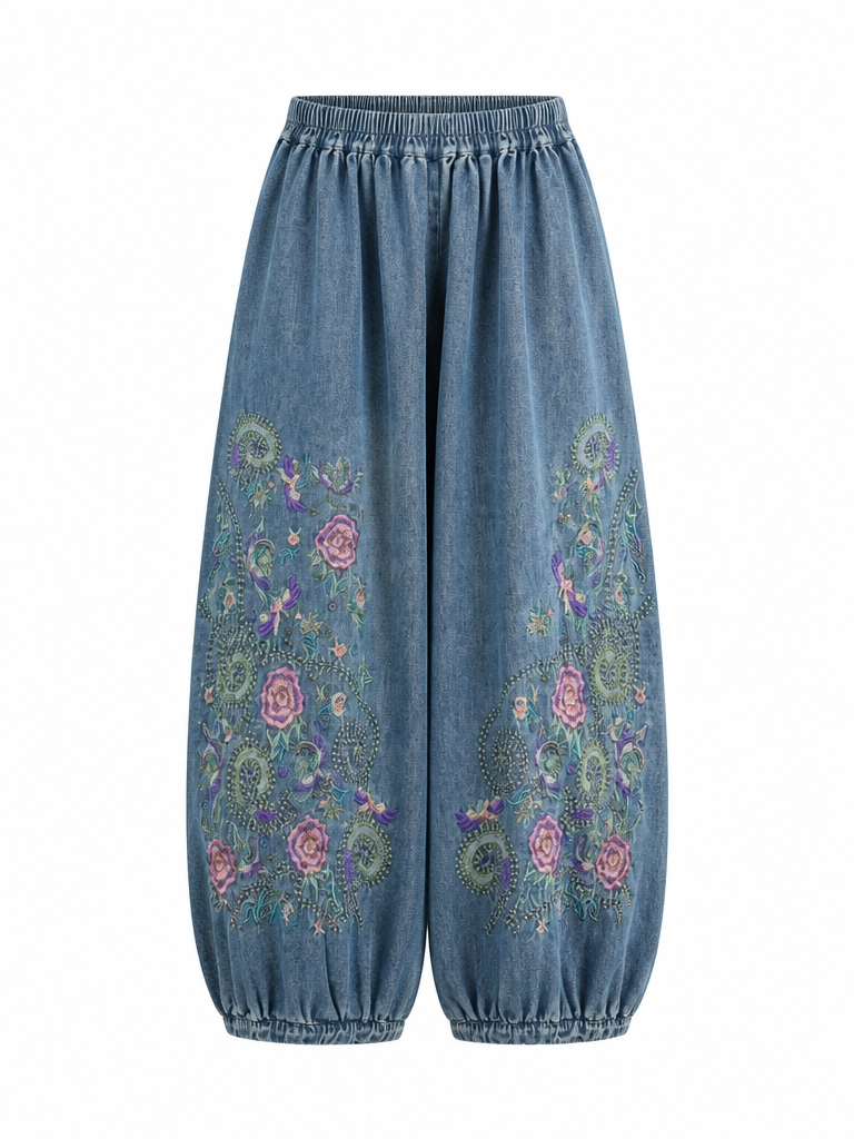 Free Spirit Embroidered Denim Wide-Leg Pants