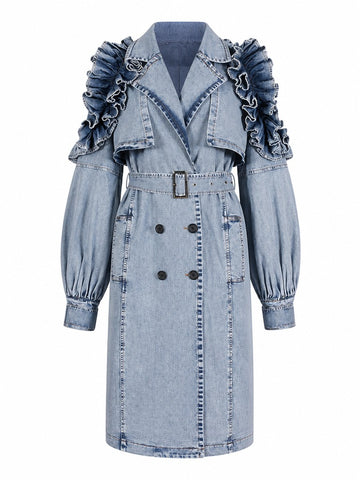 Audacious Ruffled Denim Trench Coat