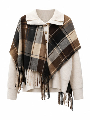 Grounded Plaid Fringe Knit Cardigan
