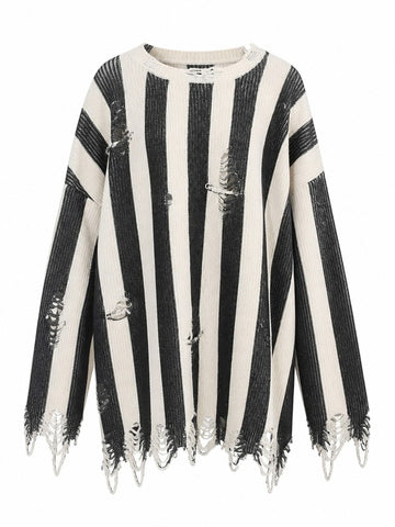 Audacious Striped Distressed Knit Sweater