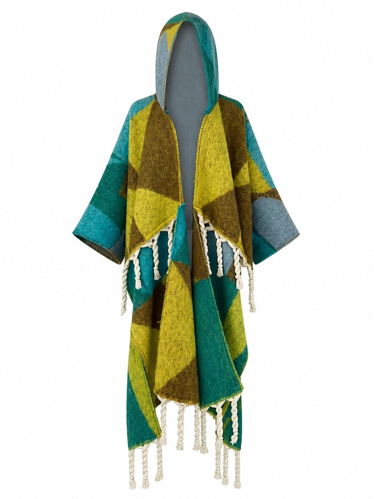 Vibrant Geometric Tassel Hooded Kaftan