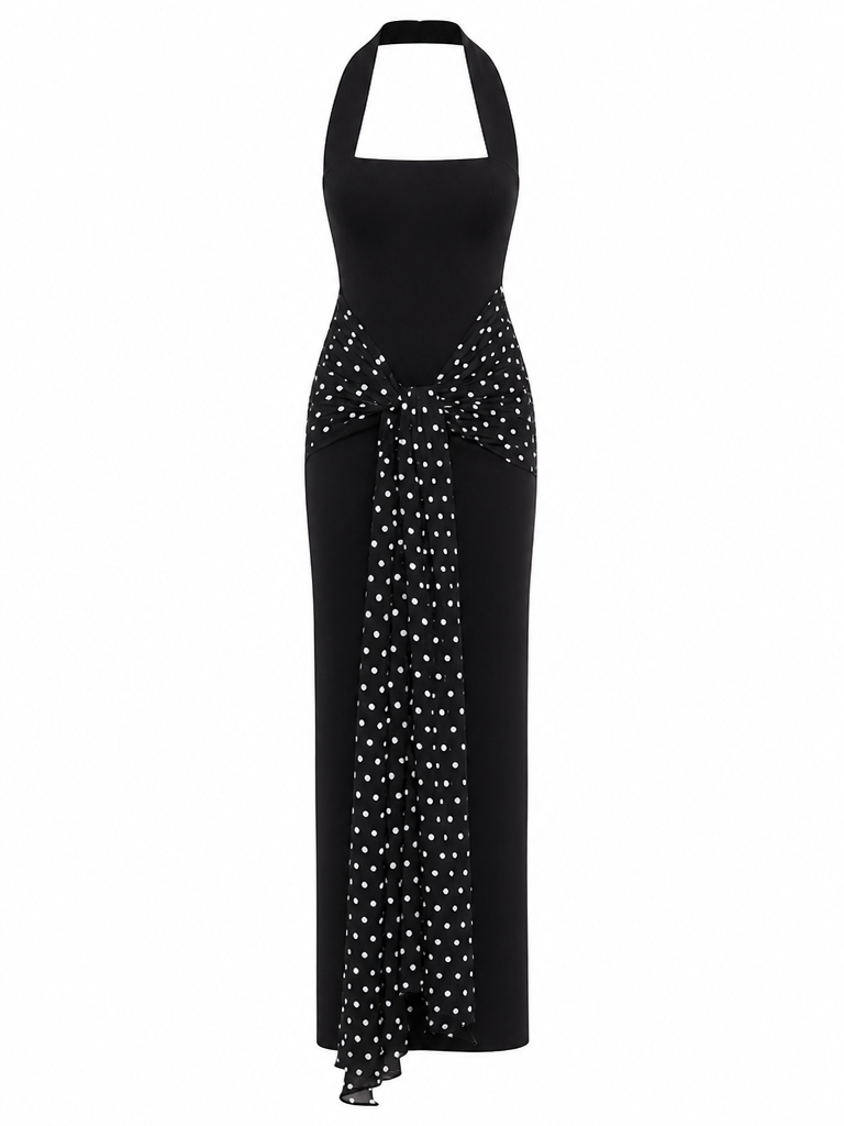 Elegant Polka Dot Halter Maxi Dress