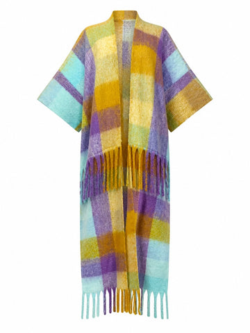 Vibrant Plaid Tassel Long Coat