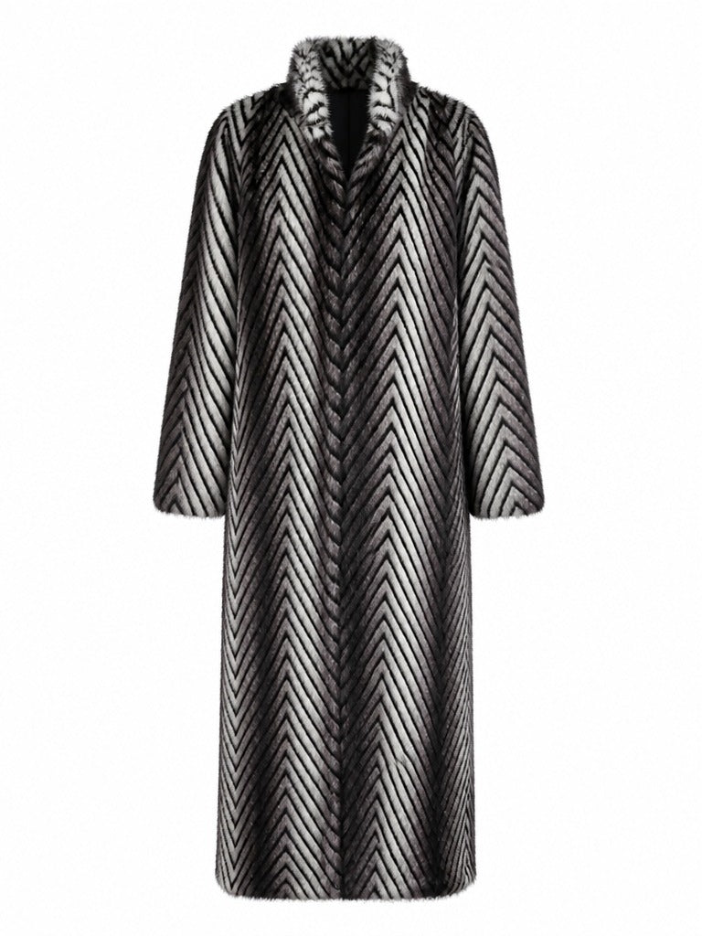 Elegant Faux Fur Striped Maxi Coat